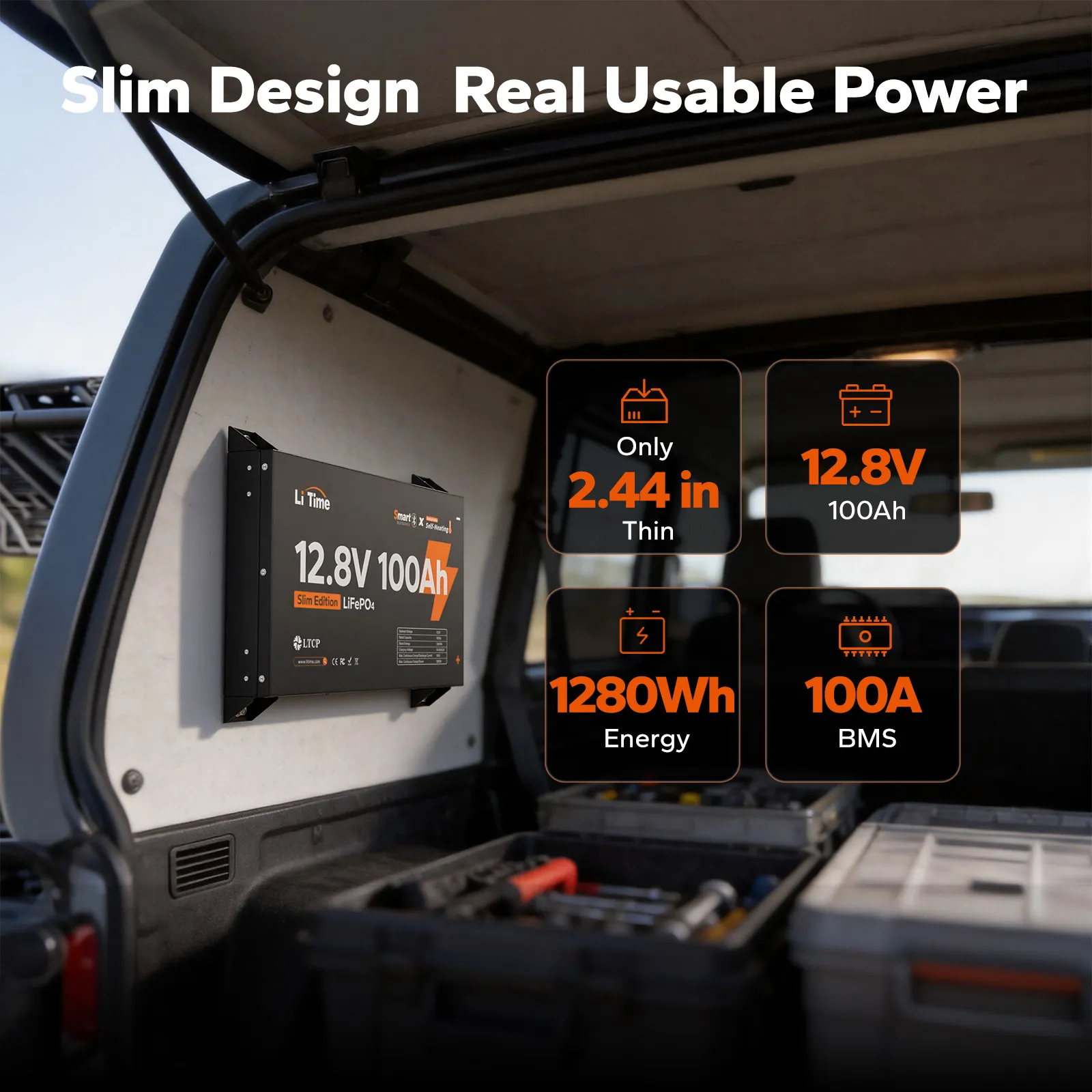 LiTime 12V 100Ah Ultra Slim LiFePO4 Bluetooth Self-Heating Battery for RVs, Trucks & Camper Vans - Image 4