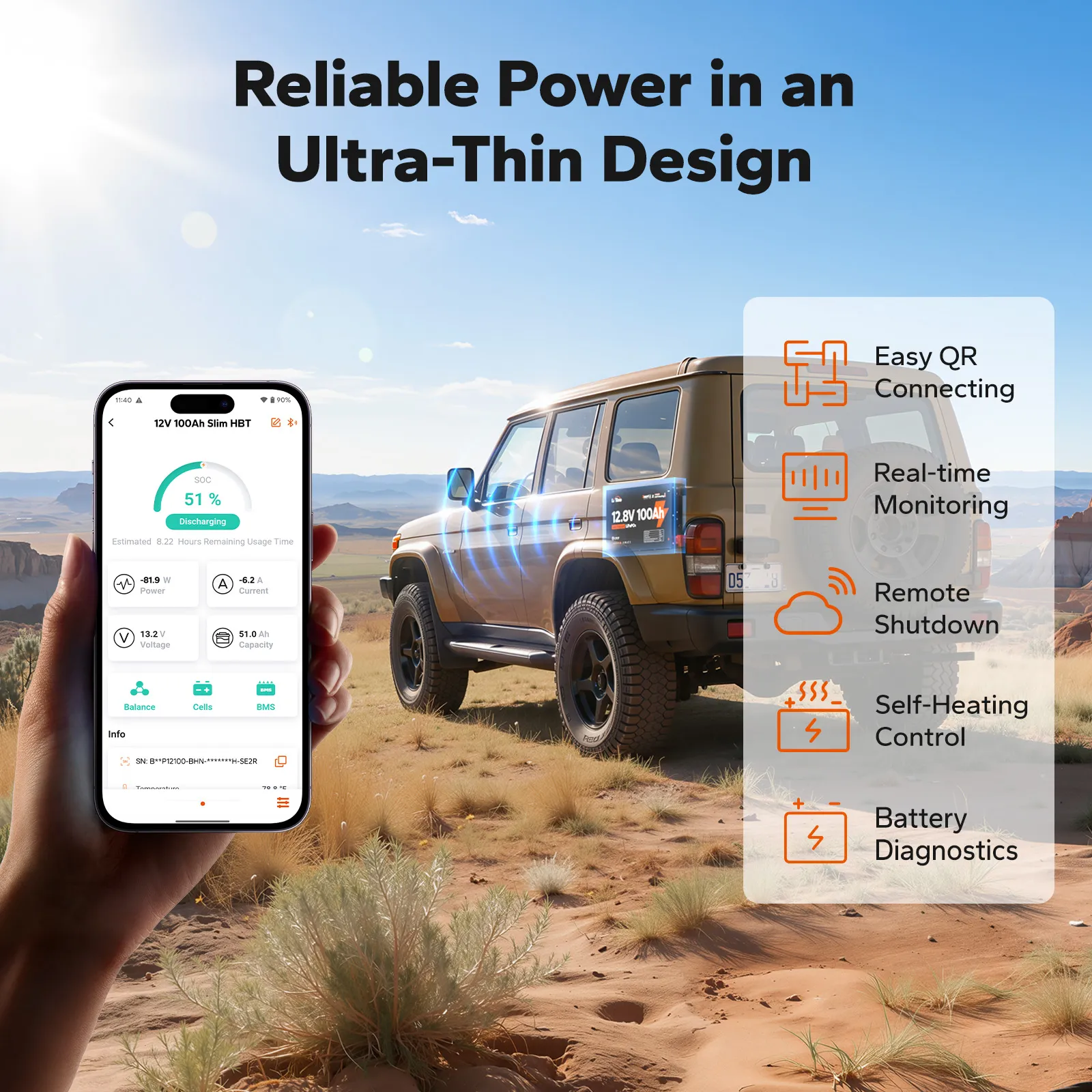 LiTime 12V 100Ah Ultra Slim LiFePO4 Bluetooth Self-Heating Battery for RVs, Trucks & Camper Vans - Image 7