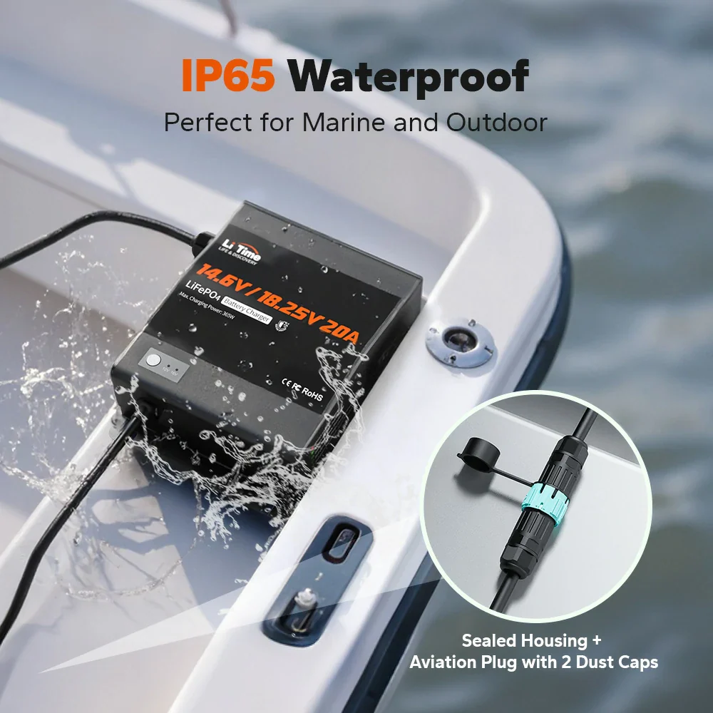LiTime 12V(14.6V) & 16V(18.25V) 20A Waterproof Lithium Battery Charger - Image 3