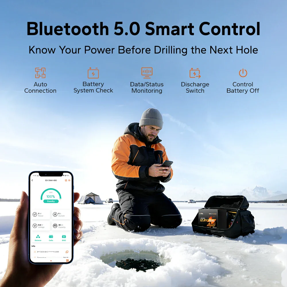 LiTime 12V 30Ah Ice Fishing & Portable Lithium Battery with Bluetooth & Self-Heating - Image 4