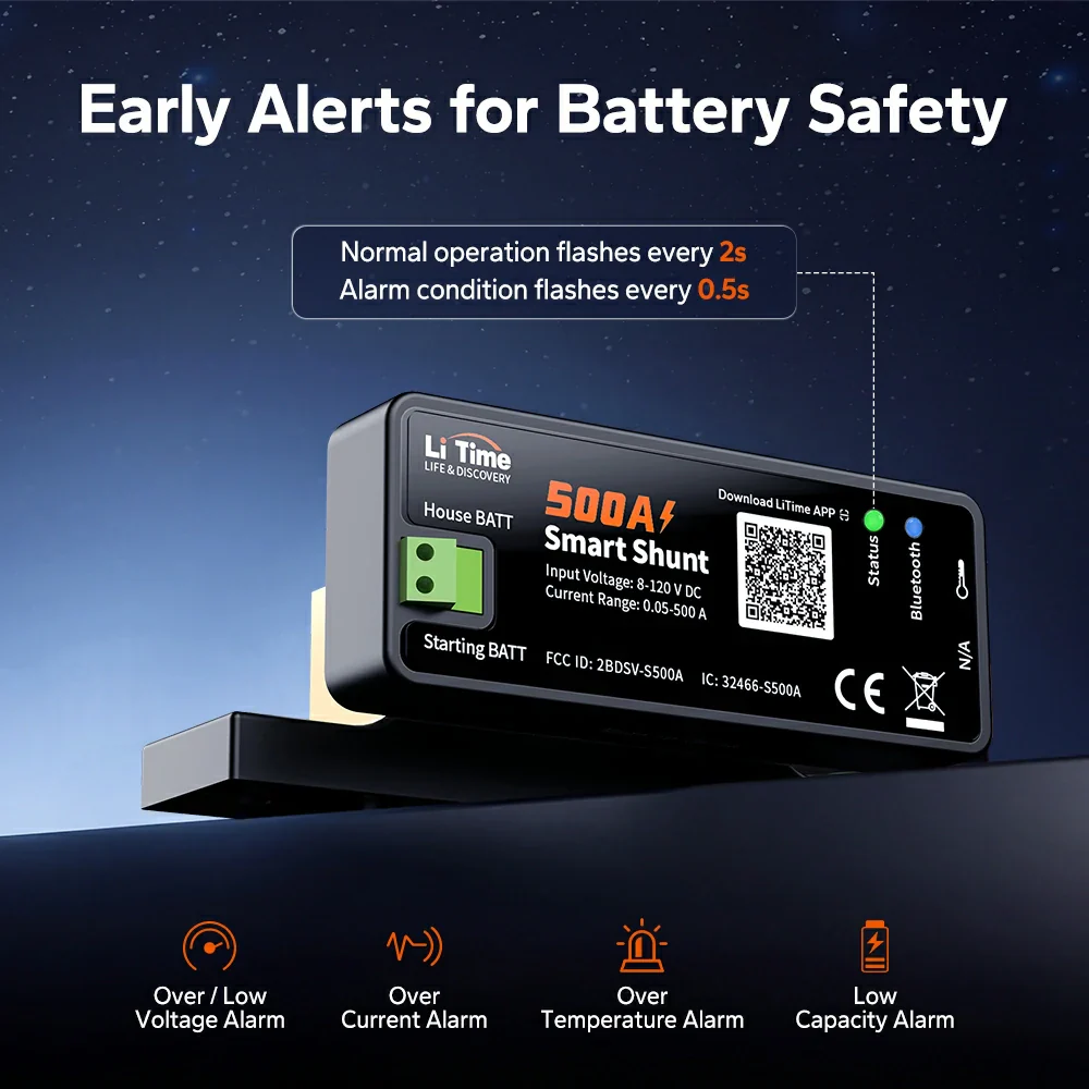 LiTime 500A Smart Battery Shunt with Bluetooth | Real-Time Monitoring for RV/Boat/Off-Grid - Image 6