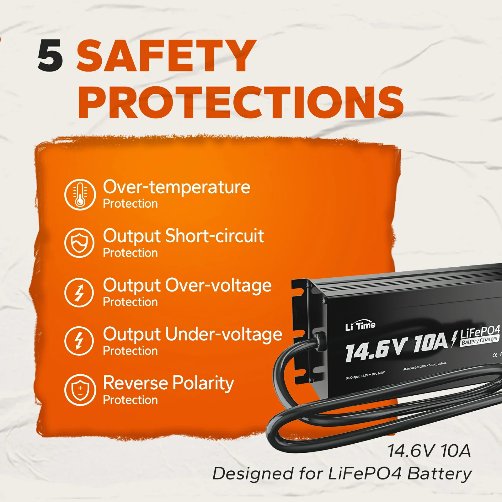LiTime 12V (14.6V) 10A Lithium Battery Charger IP65 Waterproof - Image 4