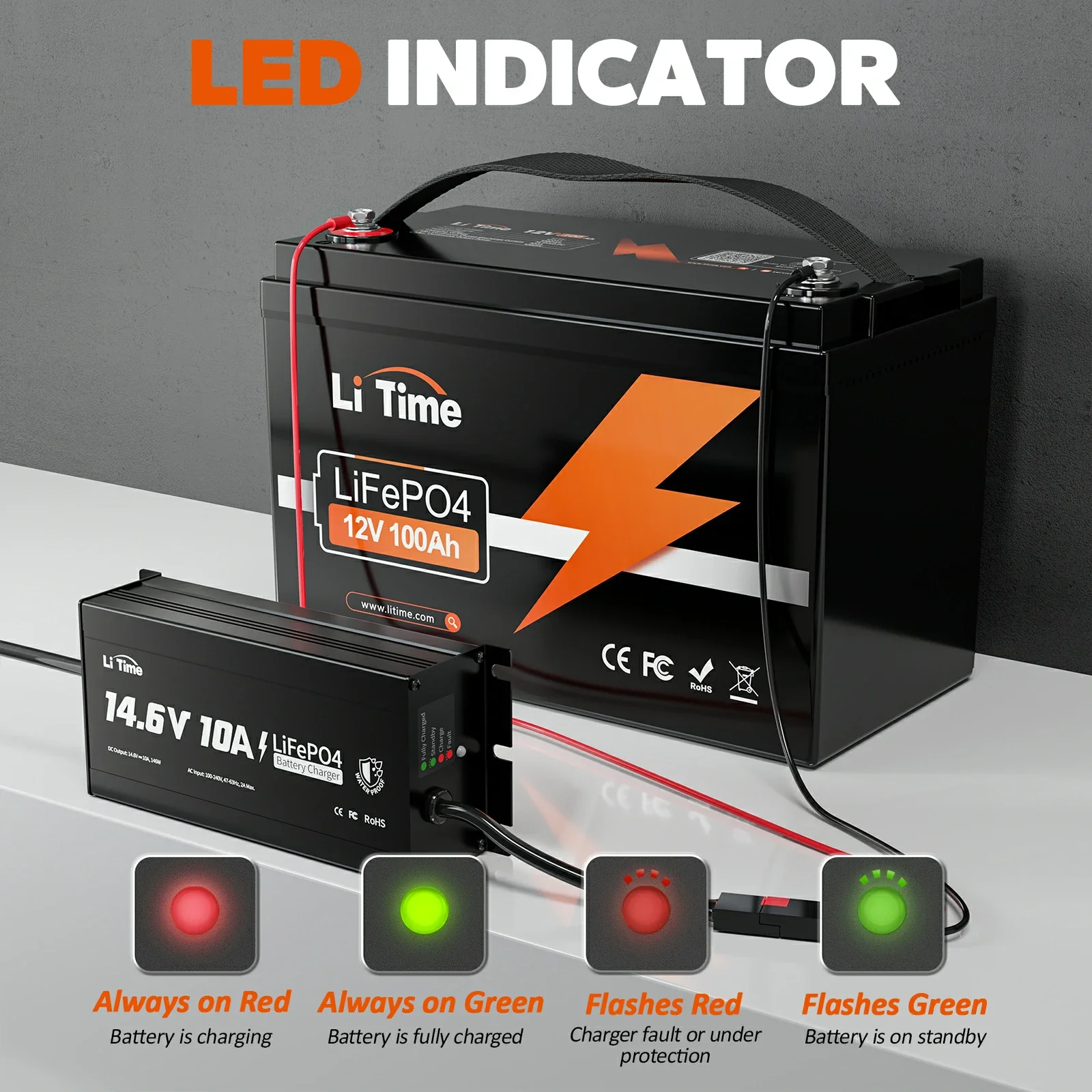LiTime 12V (14.6V) 10A Lithium Battery Charger IP65 Waterproof - Image 6