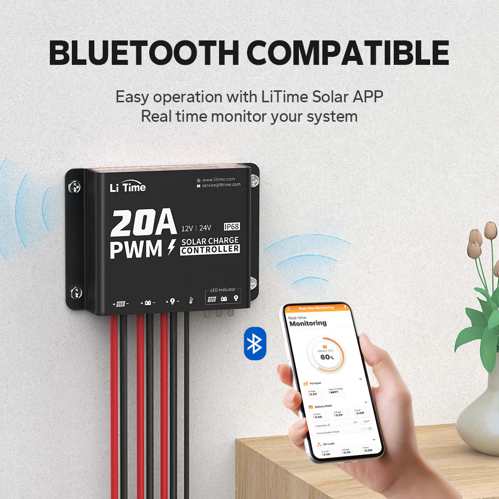 【Like New】LiTime 12V/24V 20A PWM Solar Charge Controller with Bluetooth - Image 3