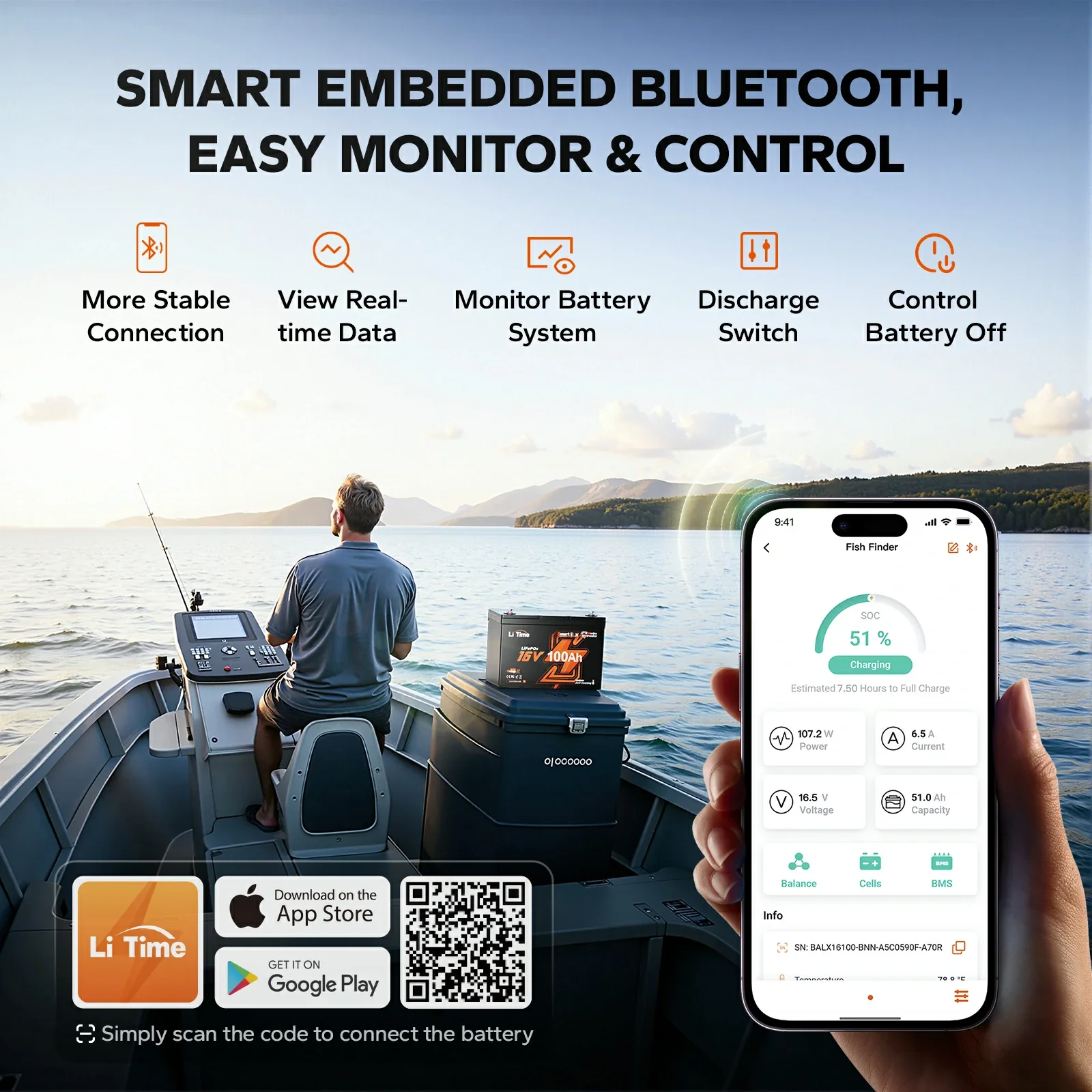 LiTime 16V 100Ah Fish Finder Lithium Battery with Bluetooth, Self-heating - Image 5