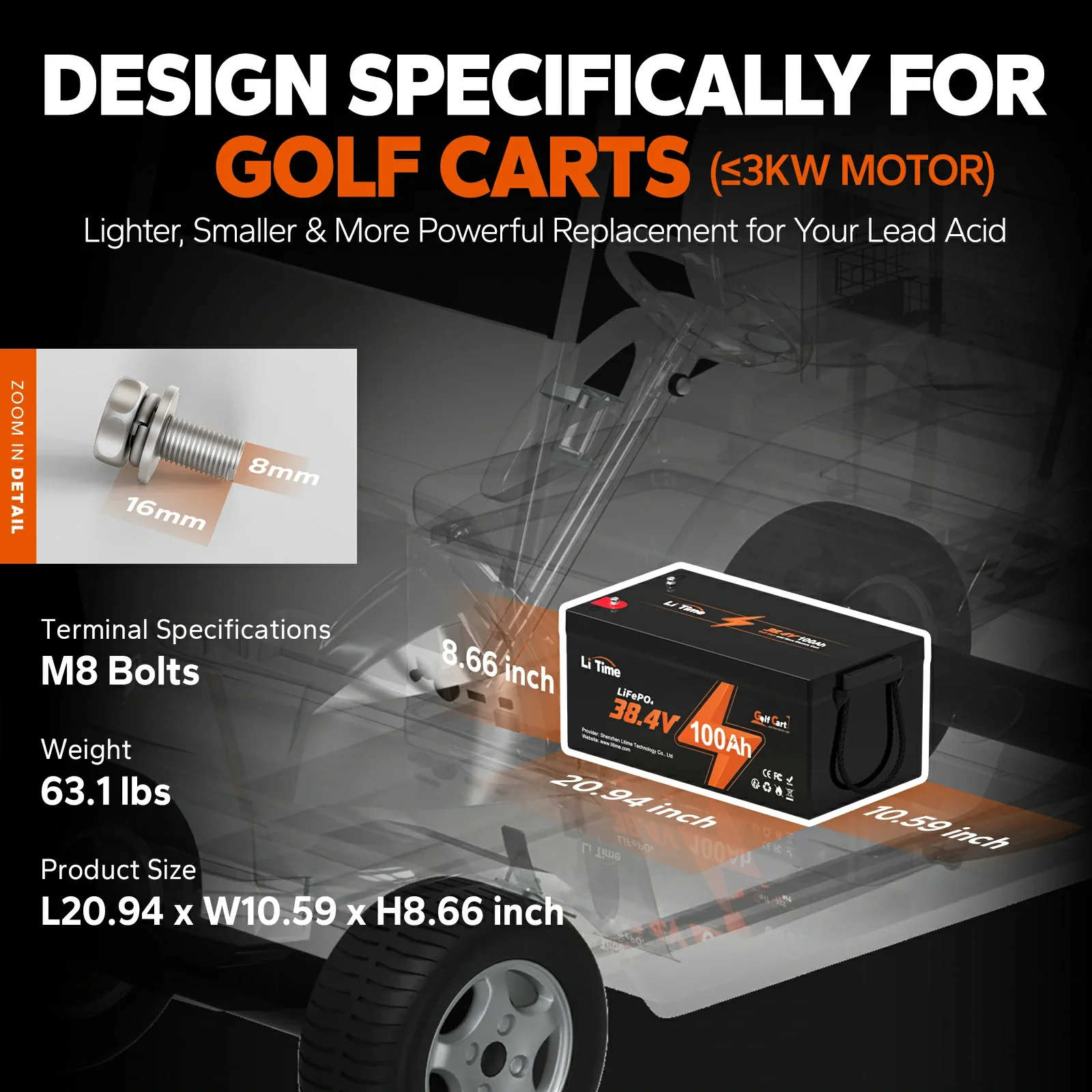 ✅Like New✅LiTime 36V 100Ah Lithium Golf Cart battery, 200A BMS, 3840Wh Energy - Image 2